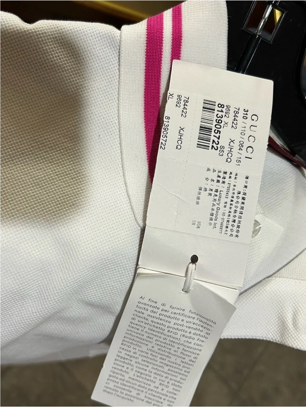 Men’s Gucci polo shirt with pink embroidered logo and trim size XL made in Italy